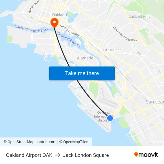 Oakland Airport OAK to Jack London Square map
