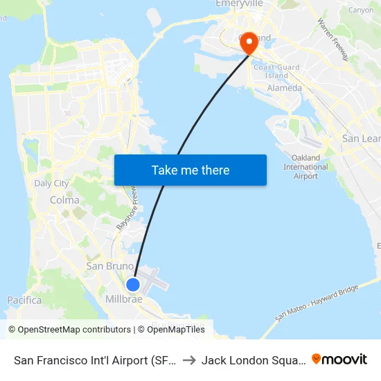 San Francisco Int'l Airport (SFO) to Jack London Square map