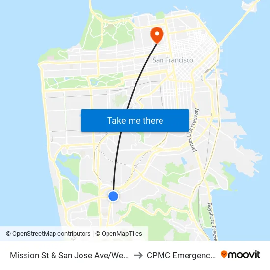 Mission St & San Jose Ave/Wellington Ave to CPMC Emergency Room map