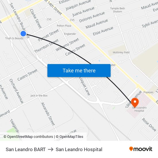 San Leandro BART to San Leandro Hospital map