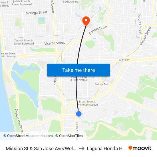 Mission St & San Jose Ave/Wellington Ave to Laguna Honda Hospital map