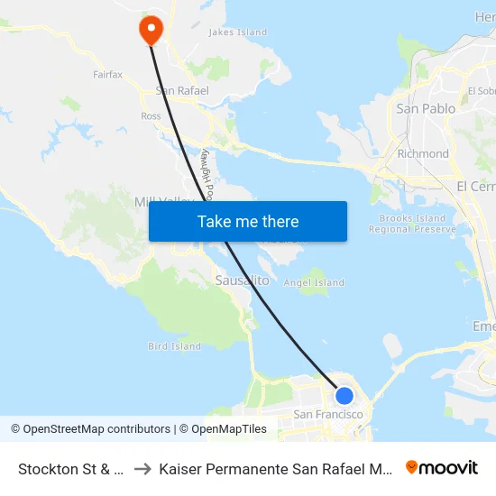 Stockton St & Clay St to Kaiser Permanente San Rafael Medical Center map