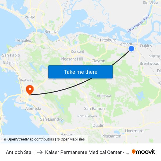 Antioch Station to Kaiser Permanente Medical Center - Oakland map