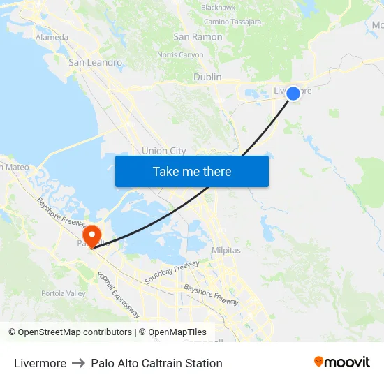 Livermore to Palo Alto Caltrain Station map