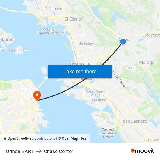 Orinda BART to Chase Center map