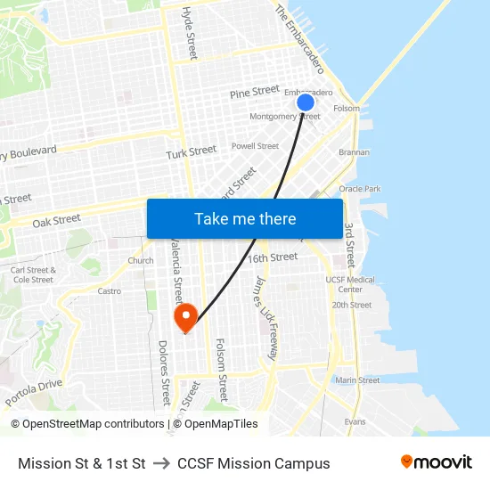Mission St & 1st St to CCSF Mission Campus map
