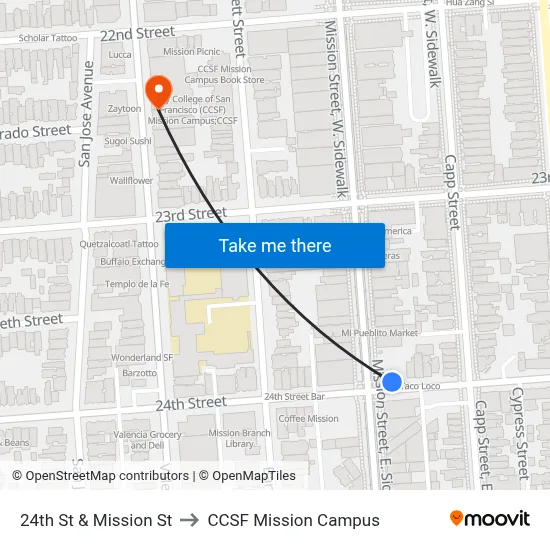 24th St & Mission St to CCSF Mission Campus map