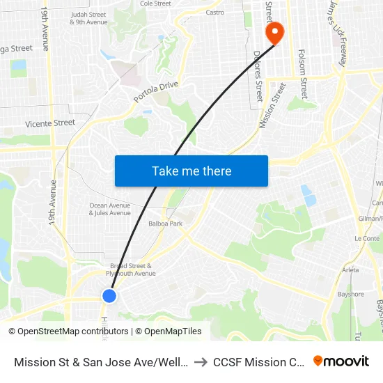 Mission St & San Jose Ave/Wellington Ave to CCSF Mission Campus map
