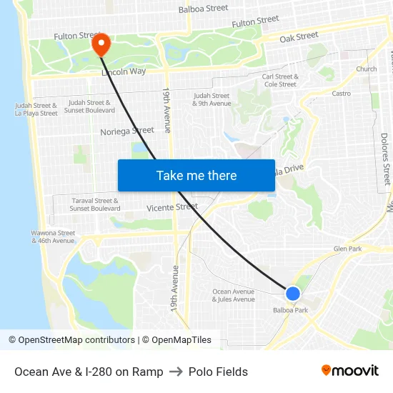 Ocean Ave & I-280 on Ramp to Polo Fields map