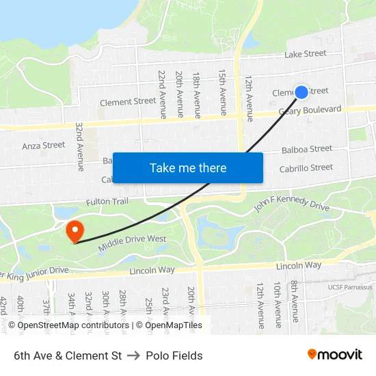 6th Ave & Clement St to Polo Fields map