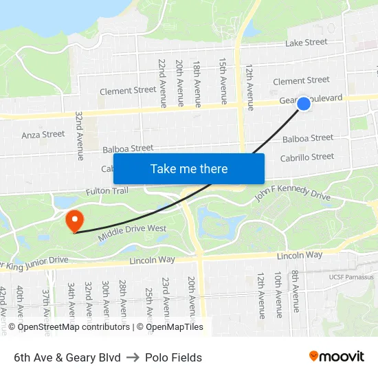 6th Ave & Geary Blvd to Polo Fields map