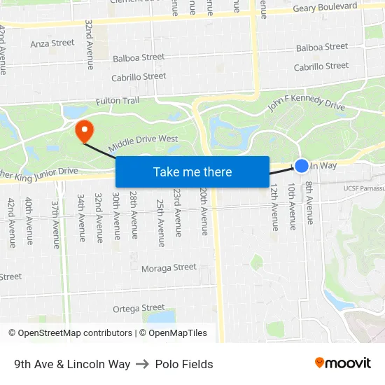 9th Ave & Lincoln Way to Polo Fields map