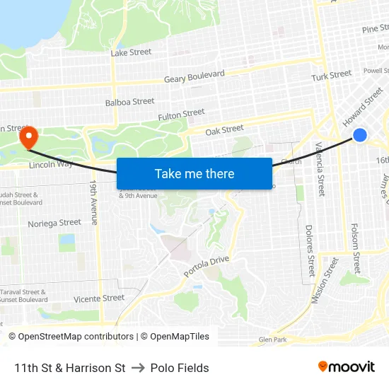 11th St & Harrison St to Polo Fields map