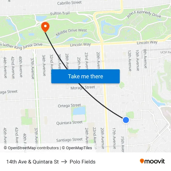 14th Ave & Quintara St to Polo Fields map