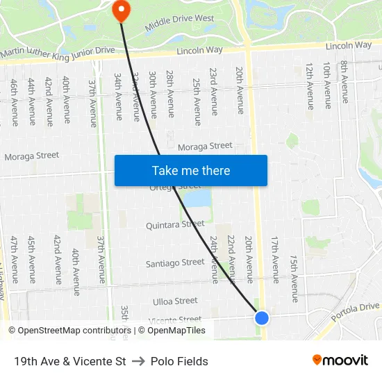 19th Ave & Vicente St to Polo Fields map