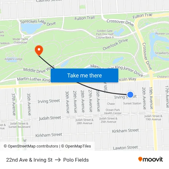22nd Ave & Irving St to Polo Fields map