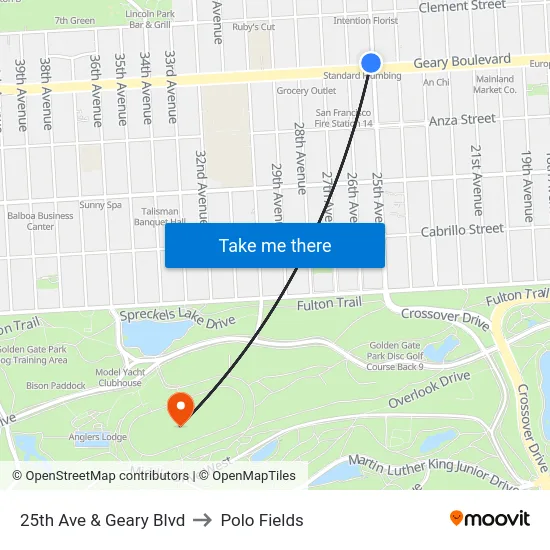 25th Ave & Geary Blvd to Polo Fields map