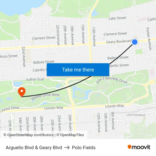 Arguello Blvd & Geary Blvd to Polo Fields map