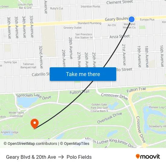 Geary Blvd & 20th Ave to Polo Fields map