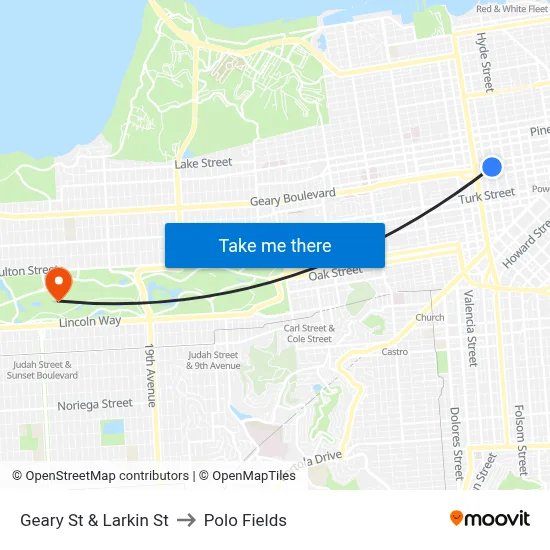 Geary St & Larkin St to Polo Fields map