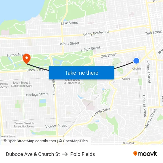 Duboce Ave & Church St to Polo Fields map