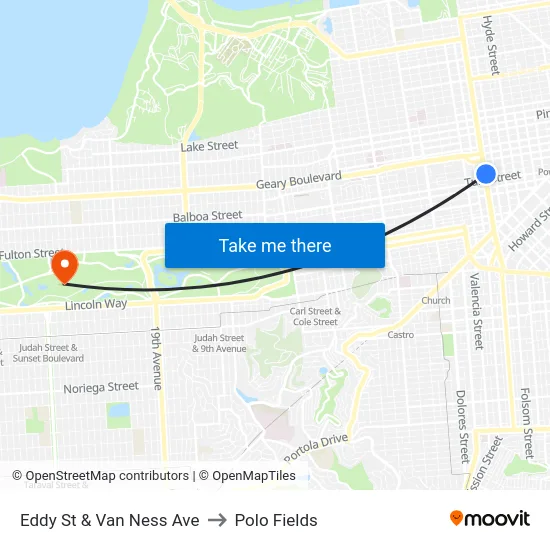 Eddy St & Van Ness Ave to Polo Fields map