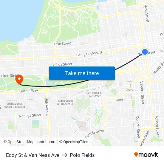 Eddy St & Van Ness Ave to Polo Fields map