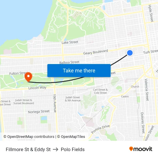 Fillmore St & Eddy St to Polo Fields map