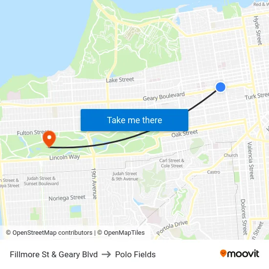 Fillmore St & Geary Blvd to Polo Fields map