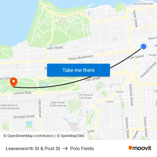 Leavenworth St & Post St to Polo Fields map