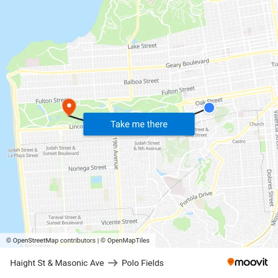 Haight St & Masonic Ave to Polo Fields map