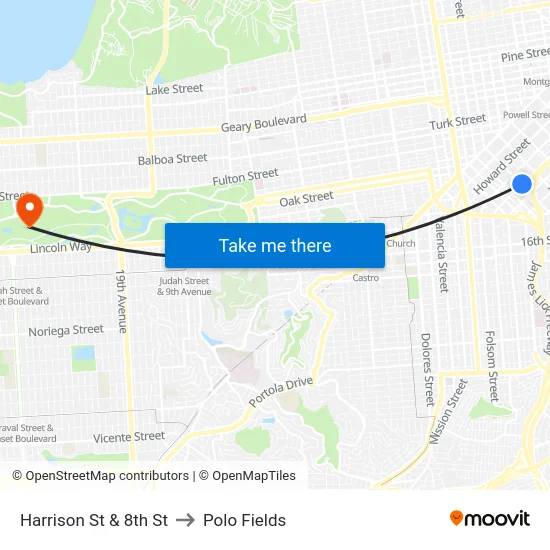 Harrison St & 8th St to Polo Fields map