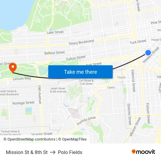 Mission St & 8th St to Polo Fields map