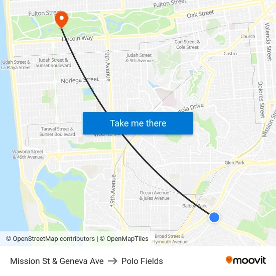 Mission St & Geneva Ave to Polo Fields map