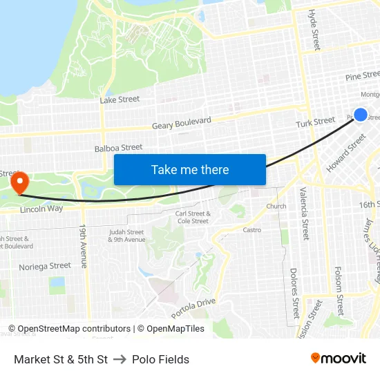 Market St & 5th St to Polo Fields map