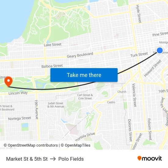 Market St & 5th St to Polo Fields map