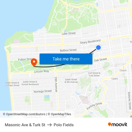 Masonic Ave & Turk St to Polo Fields map