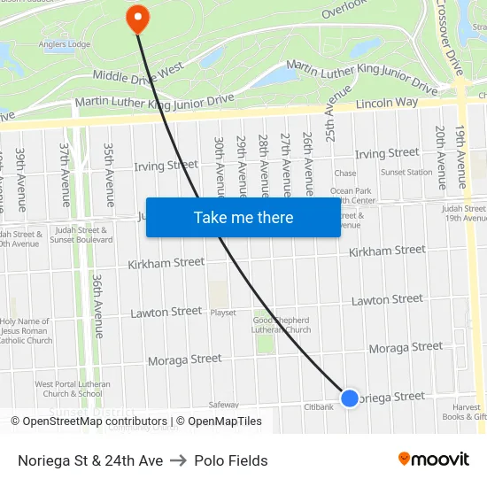 Noriega St & 24th Ave to Polo Fields map