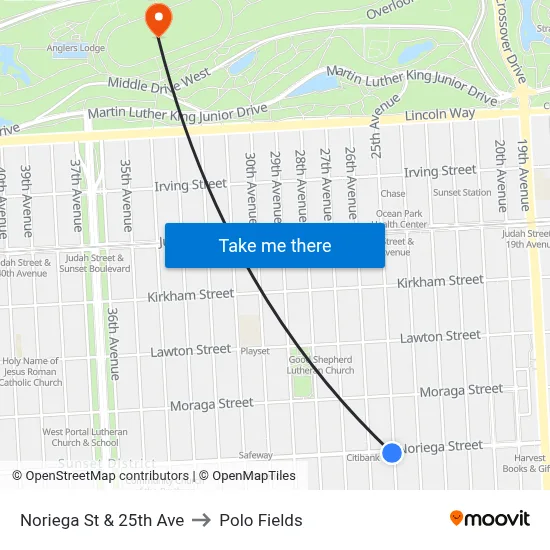 Noriega St & 25th Ave to Polo Fields map
