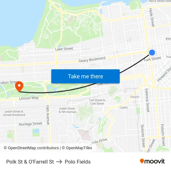 Polk St & O'Farrell St to Polo Fields map