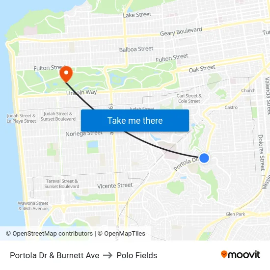 Portola Dr & Burnett Ave to Polo Fields map