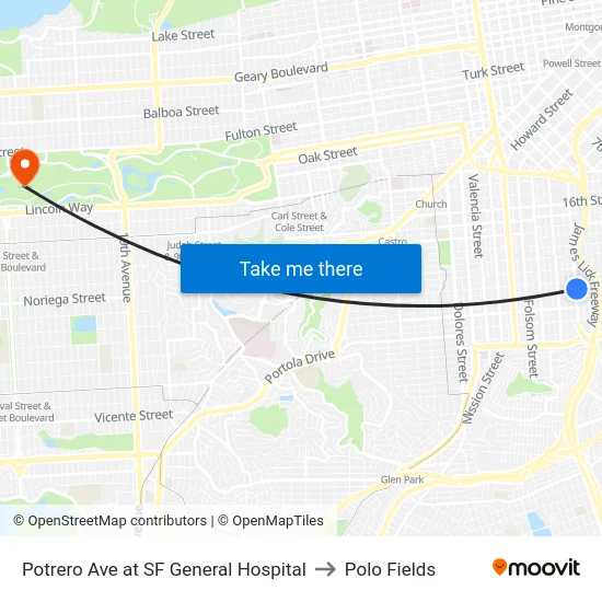 Potrero Ave at SF General Hospital to Polo Fields map