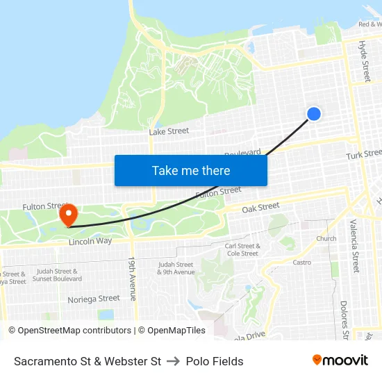 Sacramento St & Webster St to Polo Fields map