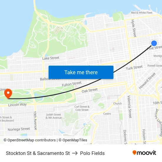 Stockton St & Sacramento St to Polo Fields map