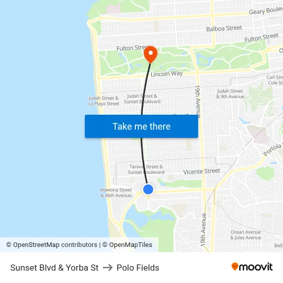 Sunset Blvd & Yorba St to Polo Fields map