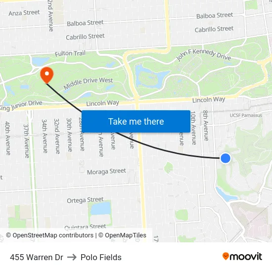 455 Warren Dr to Polo Fields map