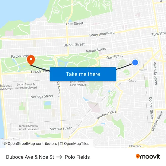 Duboce Ave & Noe St to Polo Fields map