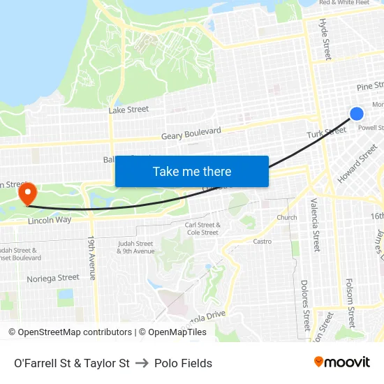O'Farrell St & Taylor St to Polo Fields map
