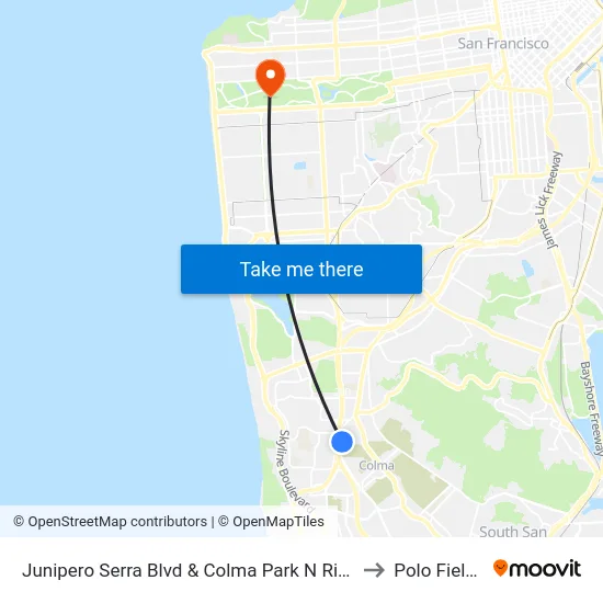 Junipero Serra Blvd & Colma Park N Ride to Polo Fields map