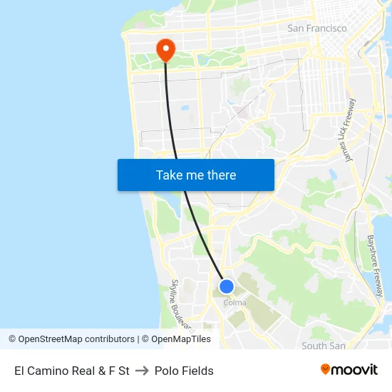 El Camino Real & F St to Polo Fields map